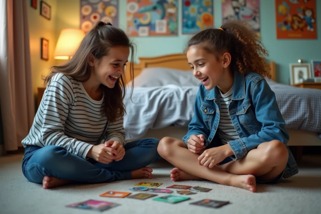 Deux adolescents jouant à un jeu de cartes Pokémon sur le sol d'une chambre décorée de posters