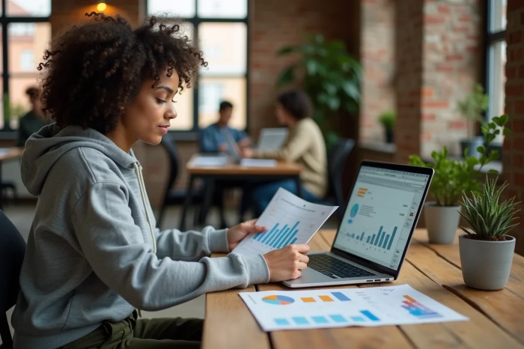 Jeune femme analysant les coûts comparatifs entre Colix et les solutions de transport classiques dans un espace de coworking