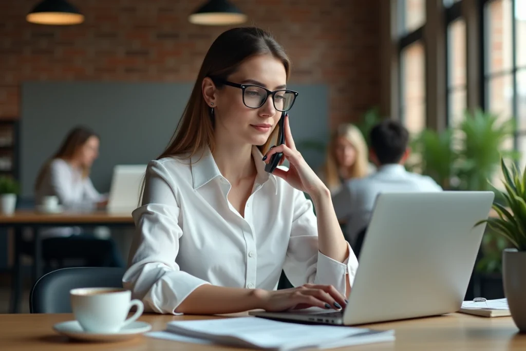 Femme professionnelle italienne passant un appel international avec l'indicatif +39 depuis un bureau moderne