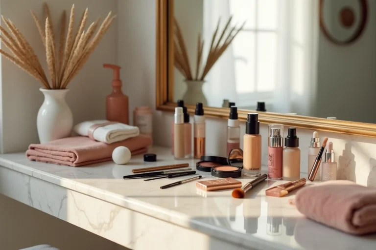 Table de maquillage élégante avec une collection de produits de beauté arrangés sur un comptoir en marbre, illustrant les astuces maquillage anti-rides