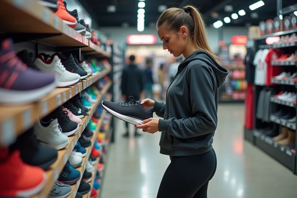 Femme examinant des chaussures de running dans un magasin de sport pour choisir le meilleur équipement sportif