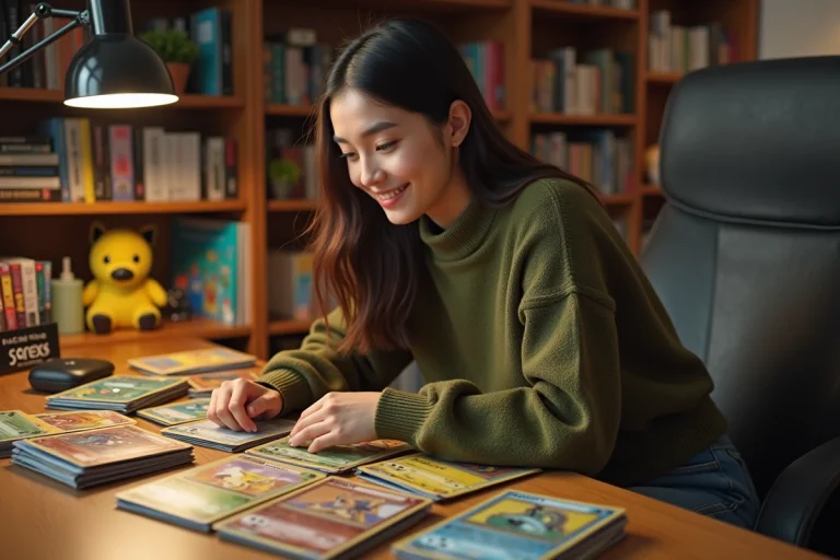 Jeune femme passionnée triant une collection de cartes Pokémon sur un bureau en bois dans un bureau à domicile confortable