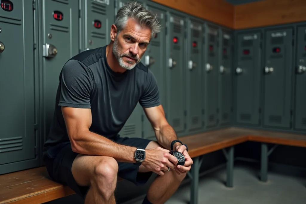 Homme comparant des montres sportives dans un vestiaire pour sélectionner le meilleur équipement sportif