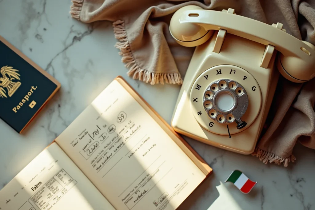 Composition à plat avec un téléphone vintage, un passeport et une note manuscrite affichant l'indicatif +39 de l'Italie