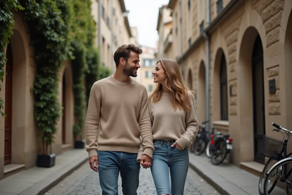 Couple complice marchant main dans la main dans une rue pavée préservant leur vie privée