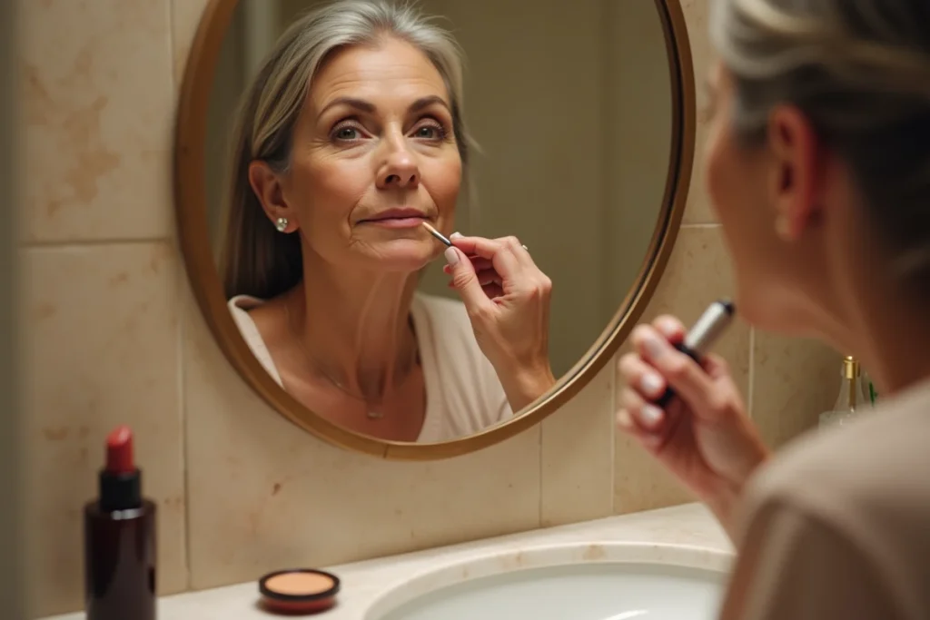 Femme redessinant le contour de ses lèvres avec un crayon à lèvres nude pour redéfinir la bouche