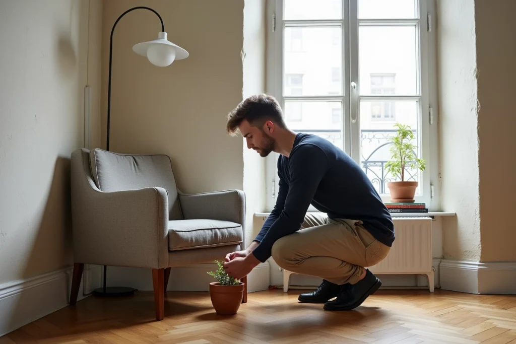 Décorateur masculin en train de styliser un salon vintage avec fauteuil et accessoires décoratifs