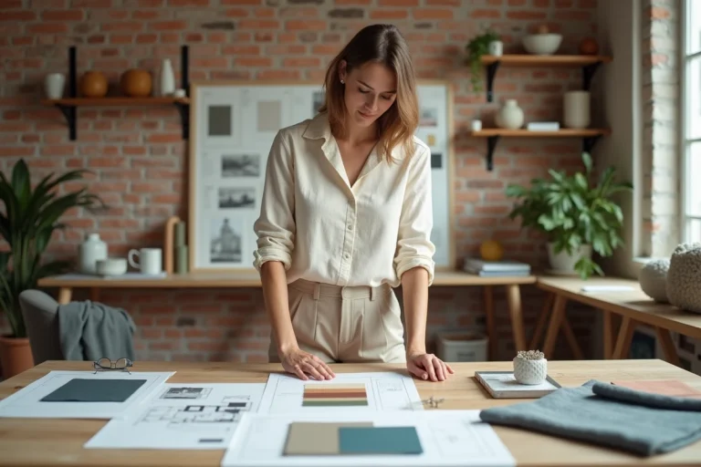 Décoratrice d'intérieur travaillant sur des échantillons de tissus et des plans dans son studio de design