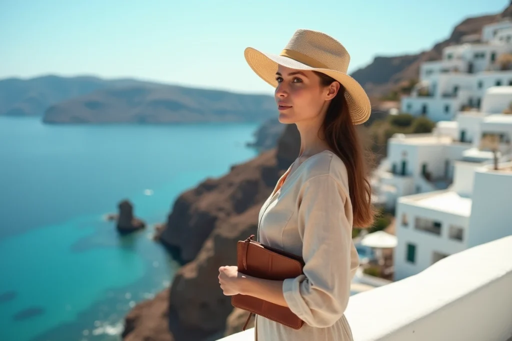 Femme voyageuse contemplant une baie méditerranéenne depuis une terrasse avec vue sur des maisons blanches en 2024