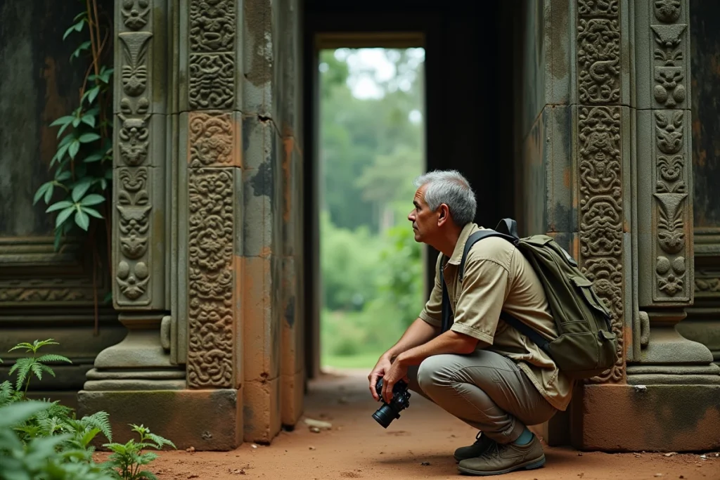 Voyageur explorant un temple ancien en pierre envahi par la jungle en Asie du Sud-Est