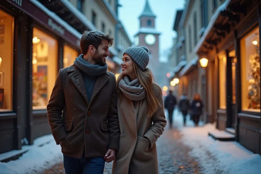Couple de voyageurs se promenant dans une rue pavée enneigée d'une ville du nord de l'Europe en hiver