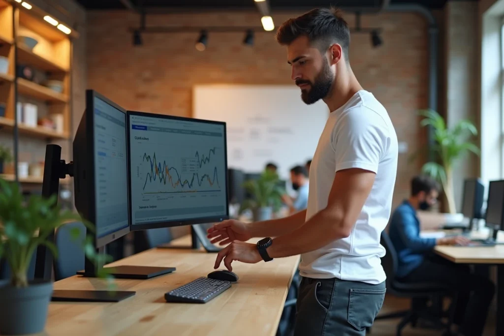Jeune entrepreneur utilisant une plateforme B2B sur double écran dans un bureau de startup