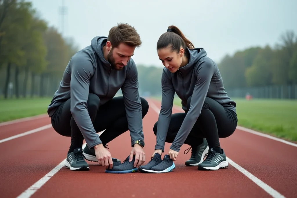 Deux sportifs évaluant des chaussures de trail sur une piste d'athlétisme pour bien choisir leur équipement sportif