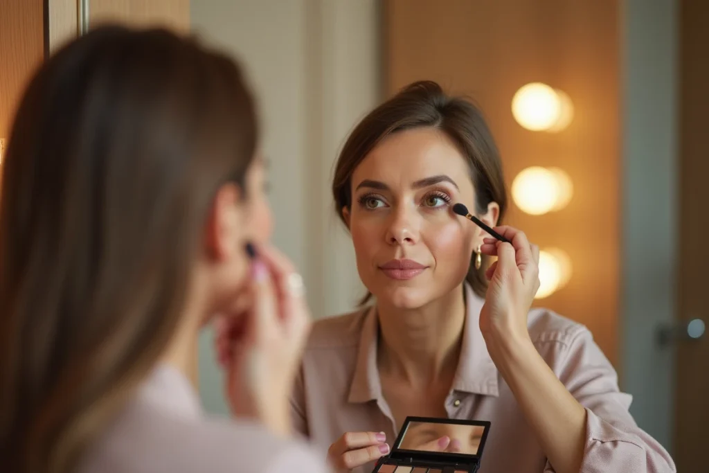 Femme appliquant un fard à paupières mat avec un geste de lift optique vers le coin externe de l'œil