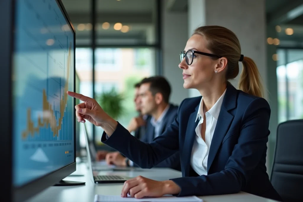 Femme d'affaires analysant un tableau de bord de ventes B2B sur écran tactile dans un bureau moderne
