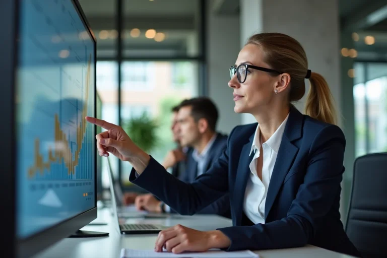 Femme d'affaires analysant un tableau de bord de ventes B2B sur écran tactile dans un bureau moderne