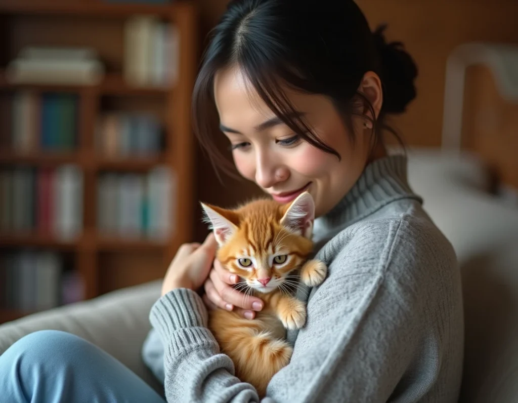 Femme tenant doucement un chaton mâle roux dans ses bras à la maison, dans le cadre du suivi de santé du chaton