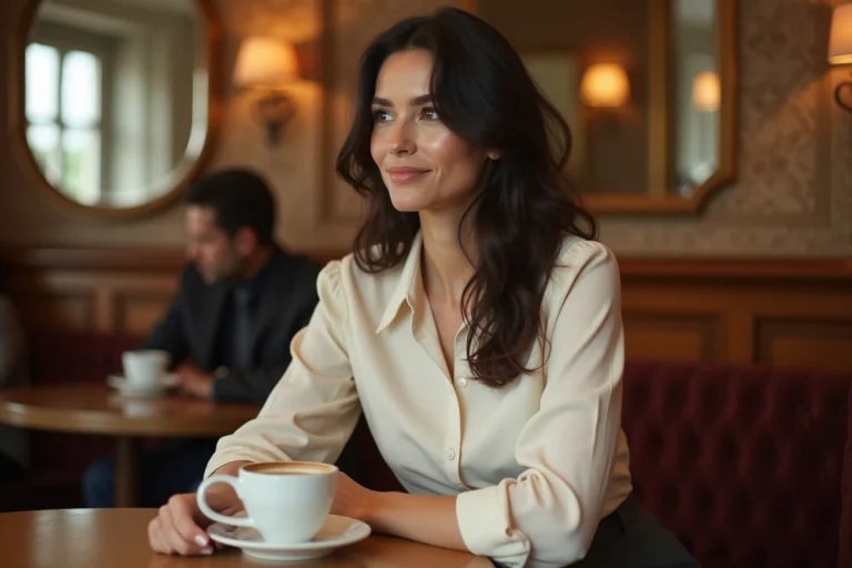 Femme élégante assise dans un café parisien, portrait éditorial illustrant la vie privée et le quotidien de la compagne de Mathieu Bock-Côté