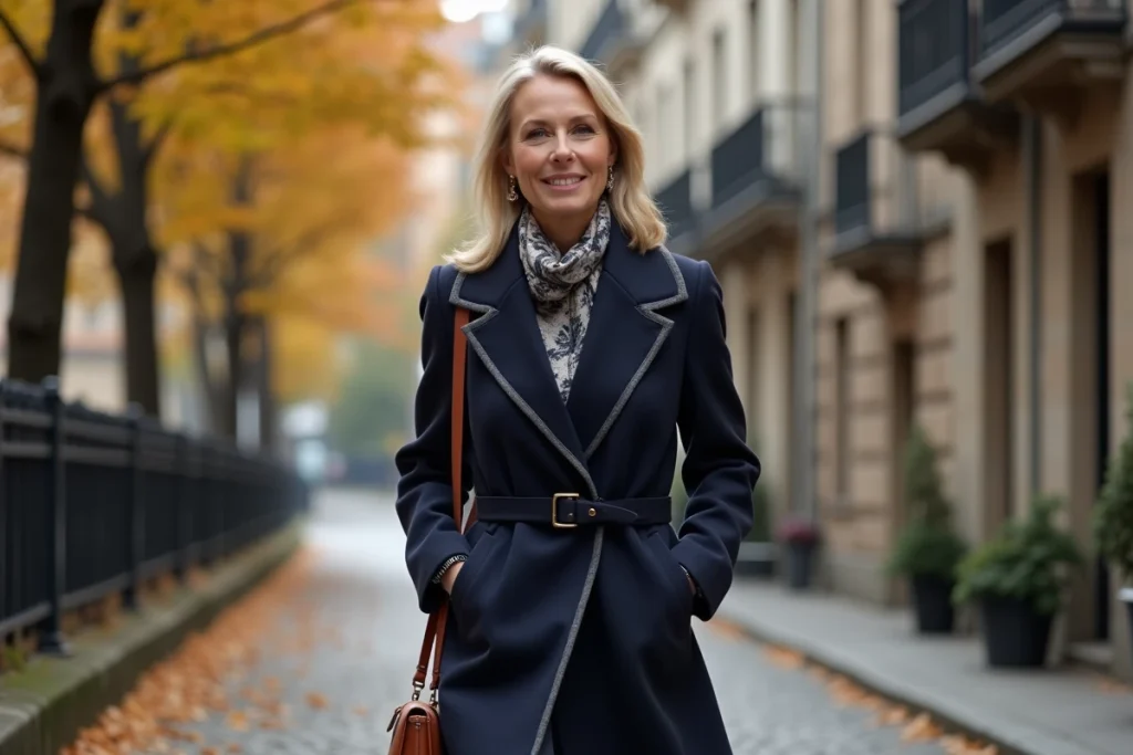 Femme distinguée marchant dans une rue pavée en automne, évoquant la discrétion et l'élégance de la vie privée du couple Bock-Côté