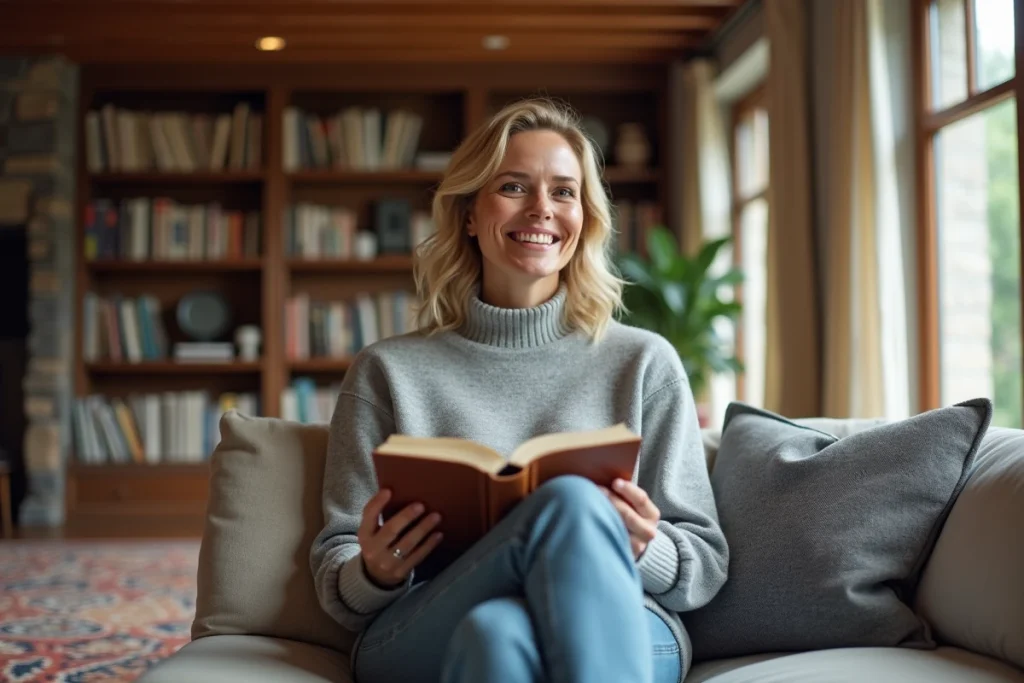 Femme lisant dans un salon raffiné aux étagères garnies de livres, portrait intimiste illustrant la vie privée et le cadre familial de la compagne de Mathieu Bock-Côté