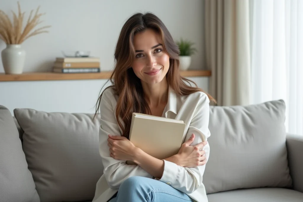 Femme réfléchie tenant un carnet dans un appartement minimaliste symbolisant la protection de sa vie privée
