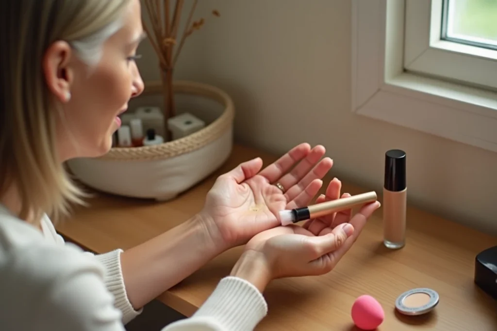 Mains mélangeant une goutte d'illuminateur liquide à une base de teint sur le dos de la main