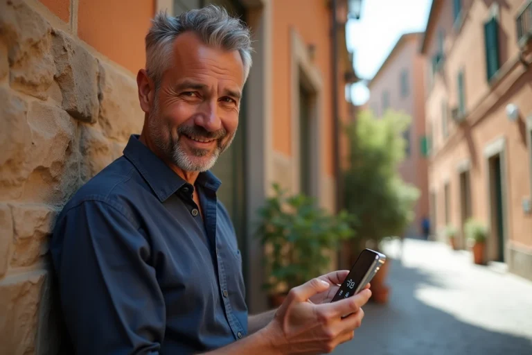 Homme italien tenant un smartphone affichant l'indicatif téléphonique +39 devant un mur en pierre à Rome