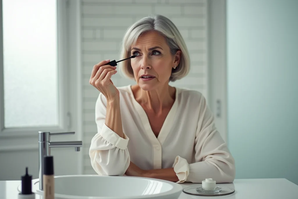 Femme appliquant du mascara noir uniquement sur les cils supérieurs avec une brosse bien chargée
