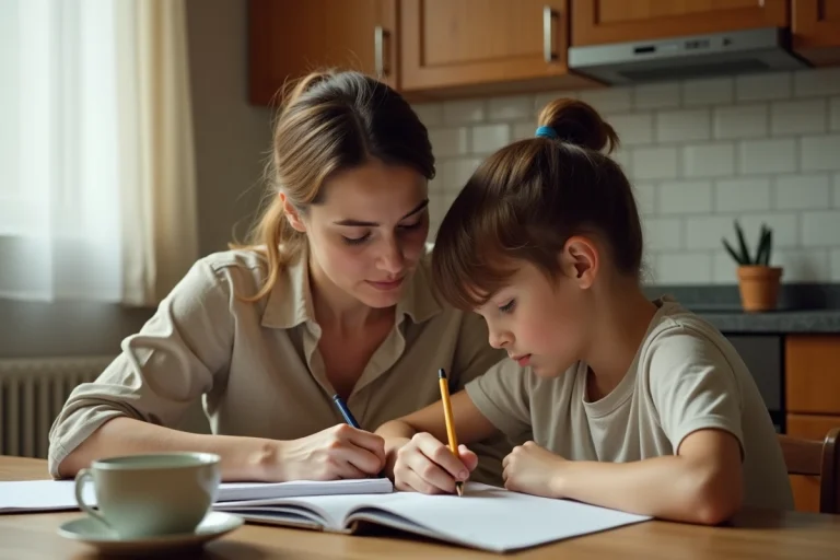 Mère célibataire aidant son fils adolescent à faire ses devoirs dans une cuisine familiale chaleureuse