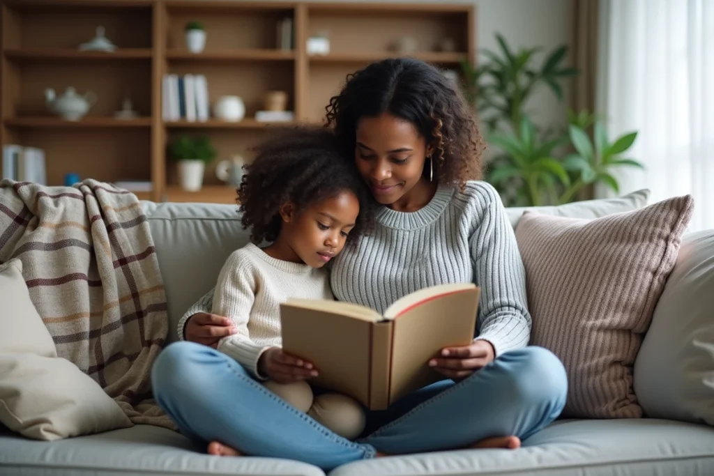 Mère célibataire lisant un livre illustré avec sa jeune fille sur le canapé du salon