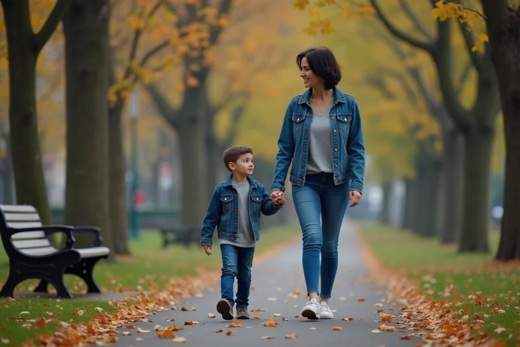Mère célibataire se promenant avec son fils dans un parc urbain en automne, moment de complicité et de sécurité émotionnelle