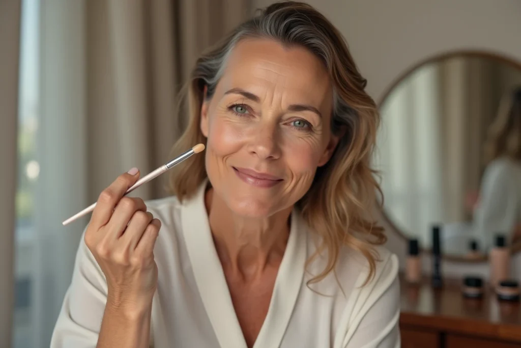 Femme appliquant un multi-correcteur ciblé avec un pinceau de précision sur des zones spécifiques du visage