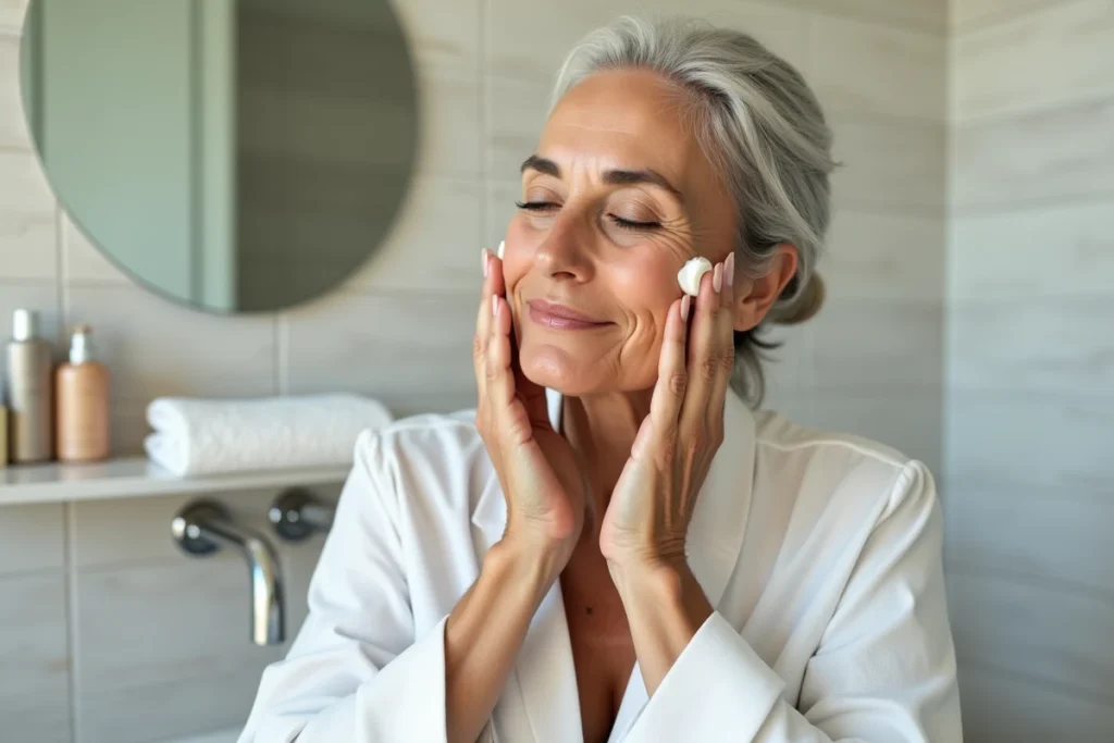 Femme appliquant une crème hydratante sur son visage nettoyé dans le cadre d'une routine soin avant maquillage