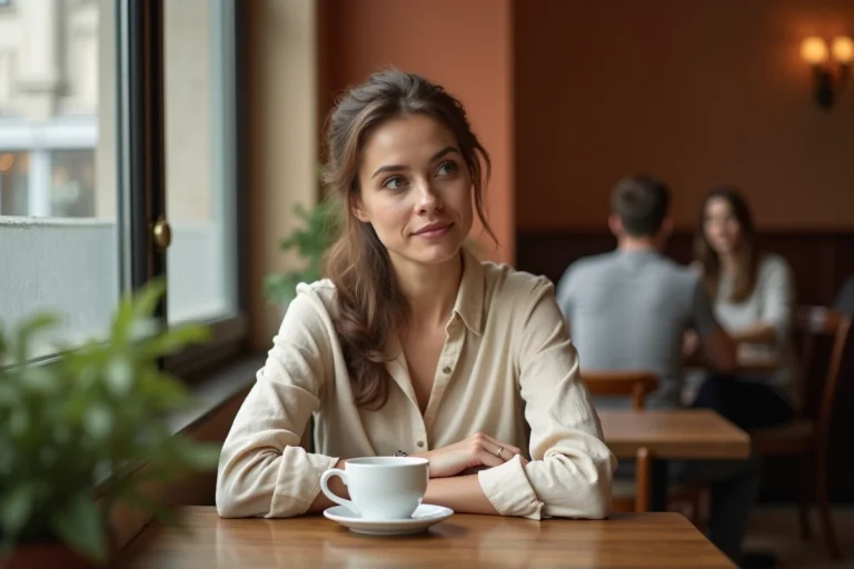 Femme posée dans un café parisien préservant son intimité loin des médias