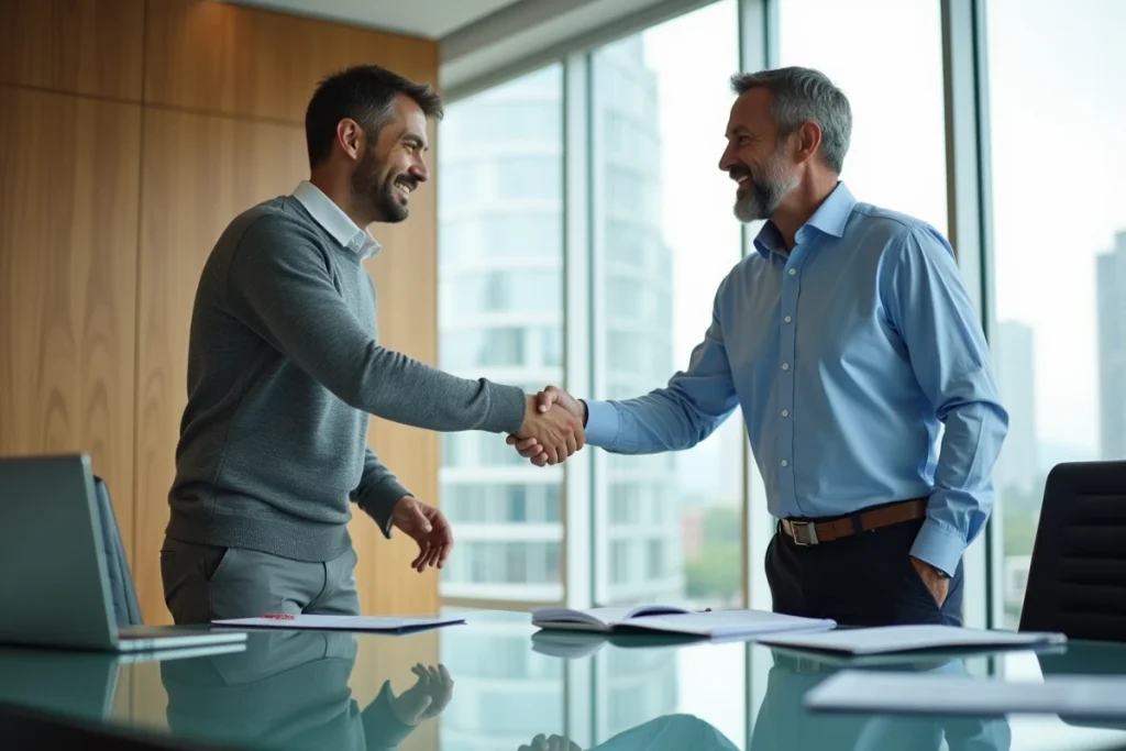 Deux professionnels concluant un partenariat B2B avec poignée de main dans une salle de réunion moderne