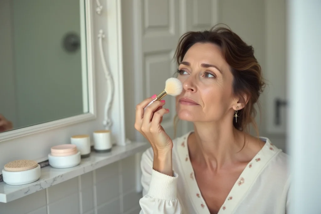 Femme appliquant de la poudre libre uniquement sur la zone T du visage avec un pinceau duveteux