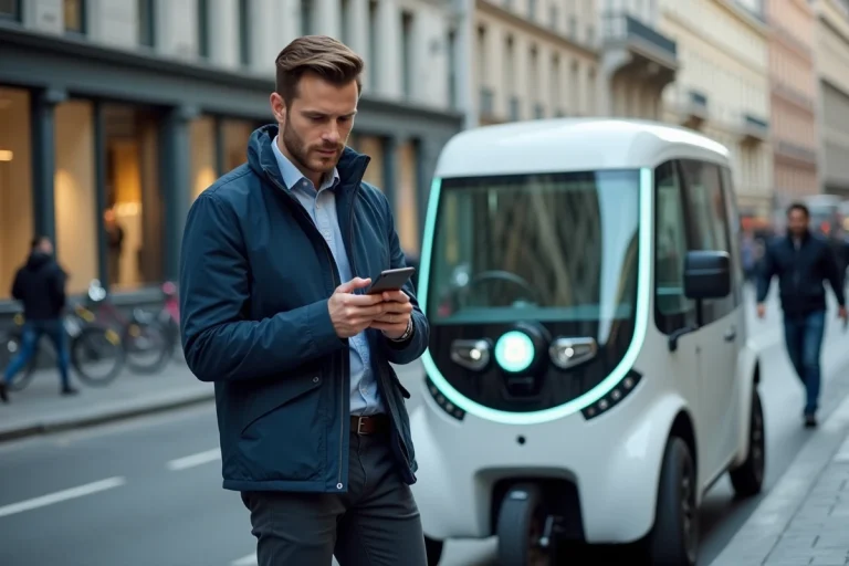 Professionnel urbain évaluant une solution de transport Colix en milieu urbain, tenant son smartphone face à un véhicule partagé moderne