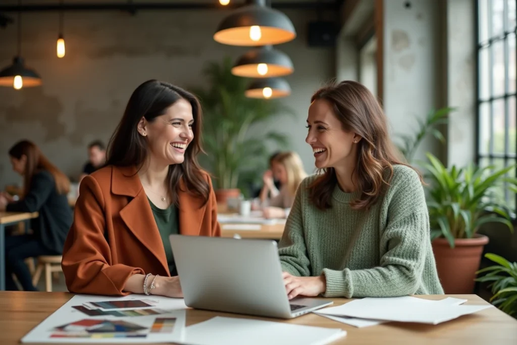 Deux décoratrices discutant d'un projet de décoration intérieure autour d'échantillons de matériaux dans un espace de coworking