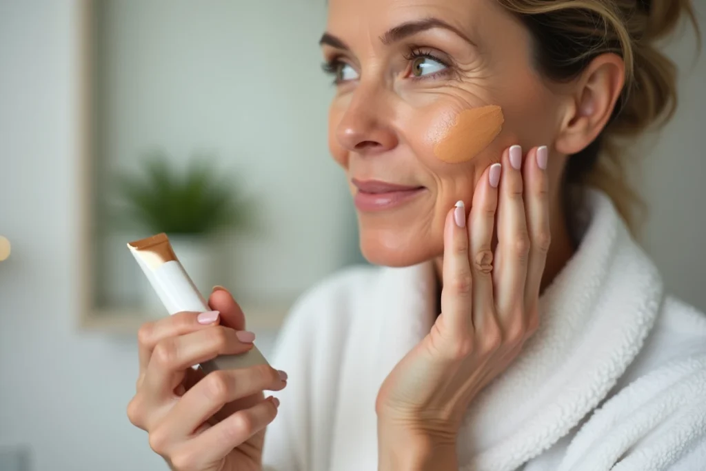 Femme appliquant un SPF teinté sur son visage du bout des doigts, avec le produit visible sur sa peau