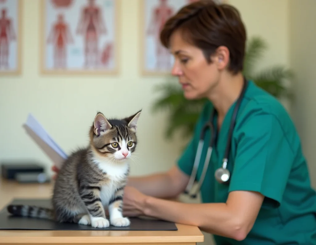Vétérinaire consultant un dossier médical avec un chaton mâle gris et blanc lors d'un bilan de développement félin