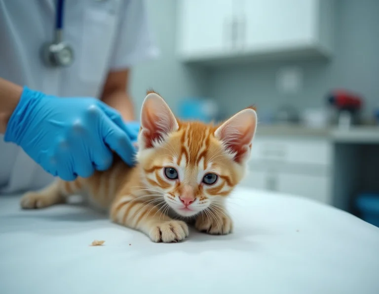 Vétérinaire examinant un chaton mâle tigré sur une table de consultation pour vérifier la descente des testicules