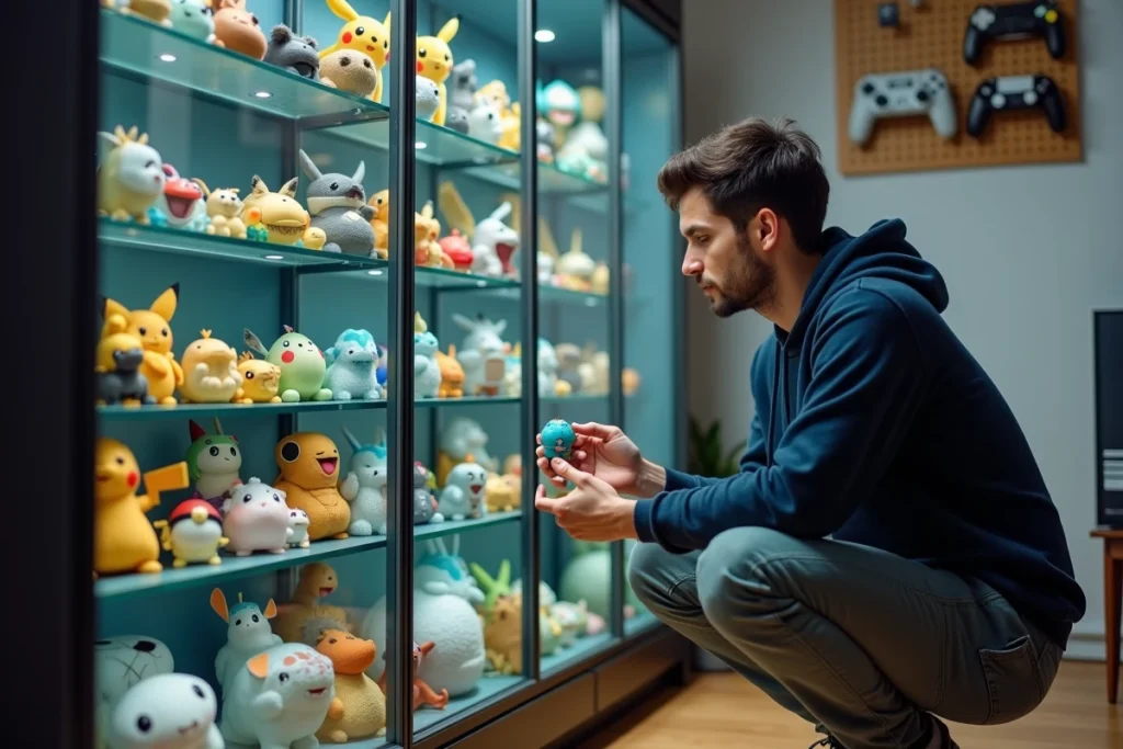 Homme adulte examinant une vitrine de collection de figurines Pokémon dans une salle de loisirs dédiée