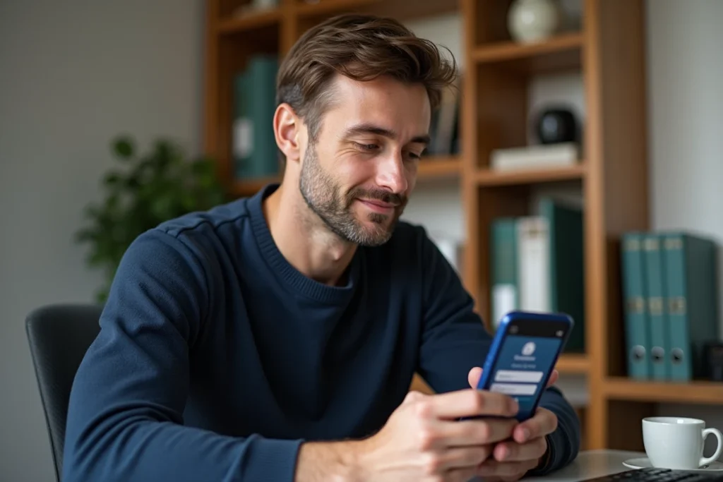 Homme accédant à son compte Arkevia depuis un smartphone dans un bureau à domicile