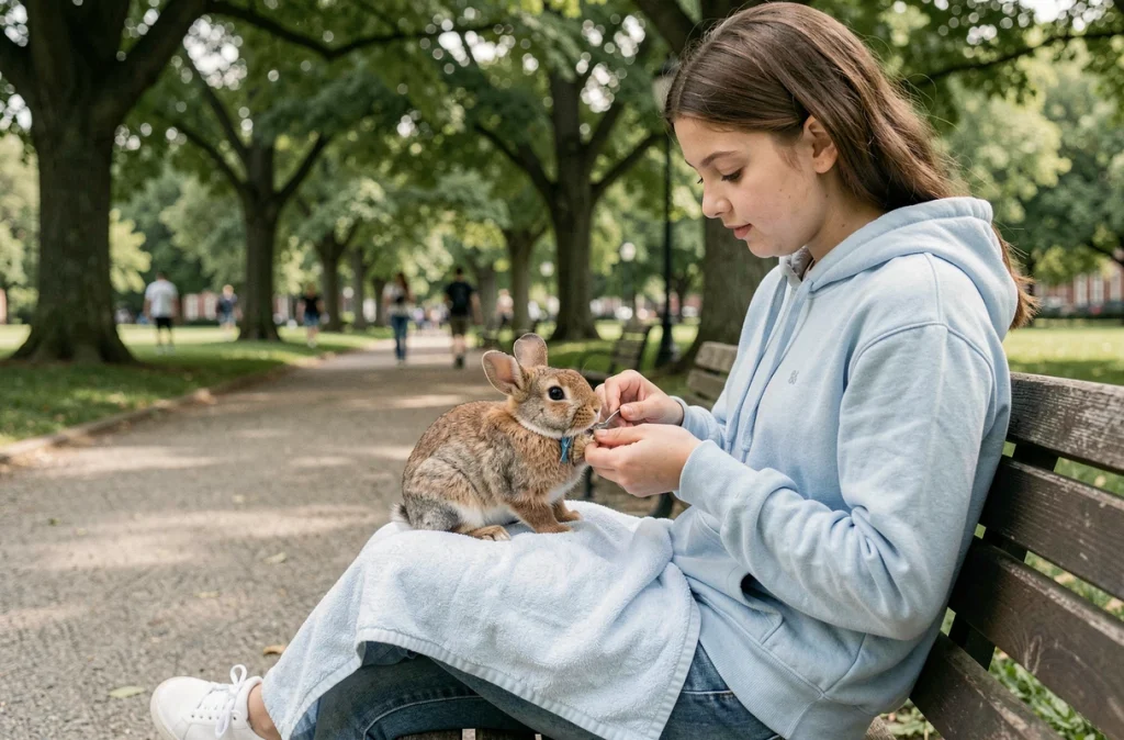 Adolescente soignant les griffes de son lapin nain dans un parc urbain ensoleillé