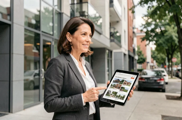 Agent immobilière professionnelle devant un immeuble moderne présentant des annonces sur tablette numérique