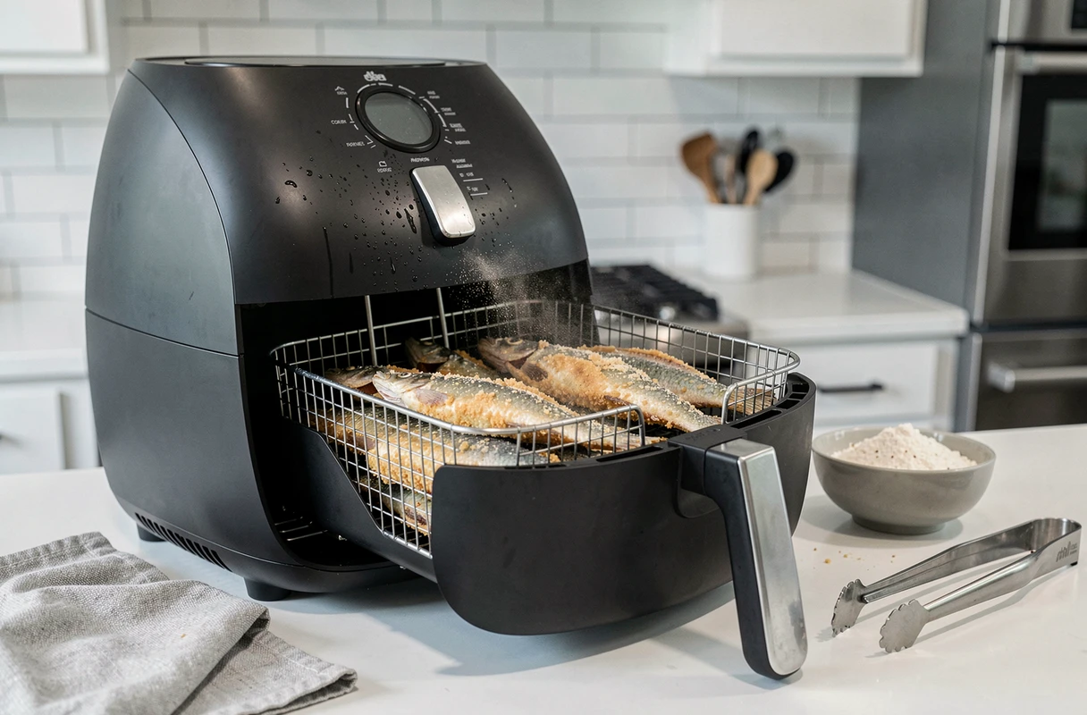 Panier d'air fryer ouvert contenant des éperlans en cours de cuisson sur un comptoir de cuisine moderne