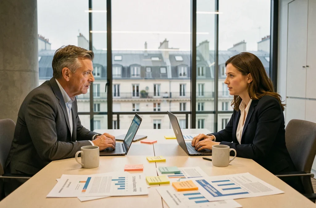 Deux analystes du secteur de la grande distribution discutant de rapports de marché autour d'une table de réunion à Paris