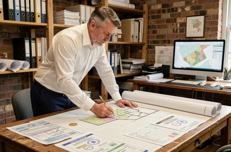 Architecte étudiant des documents administratifs et plans cadastraux pour optimiser un permis de construire et réduire la redevance d'archéologie préventive