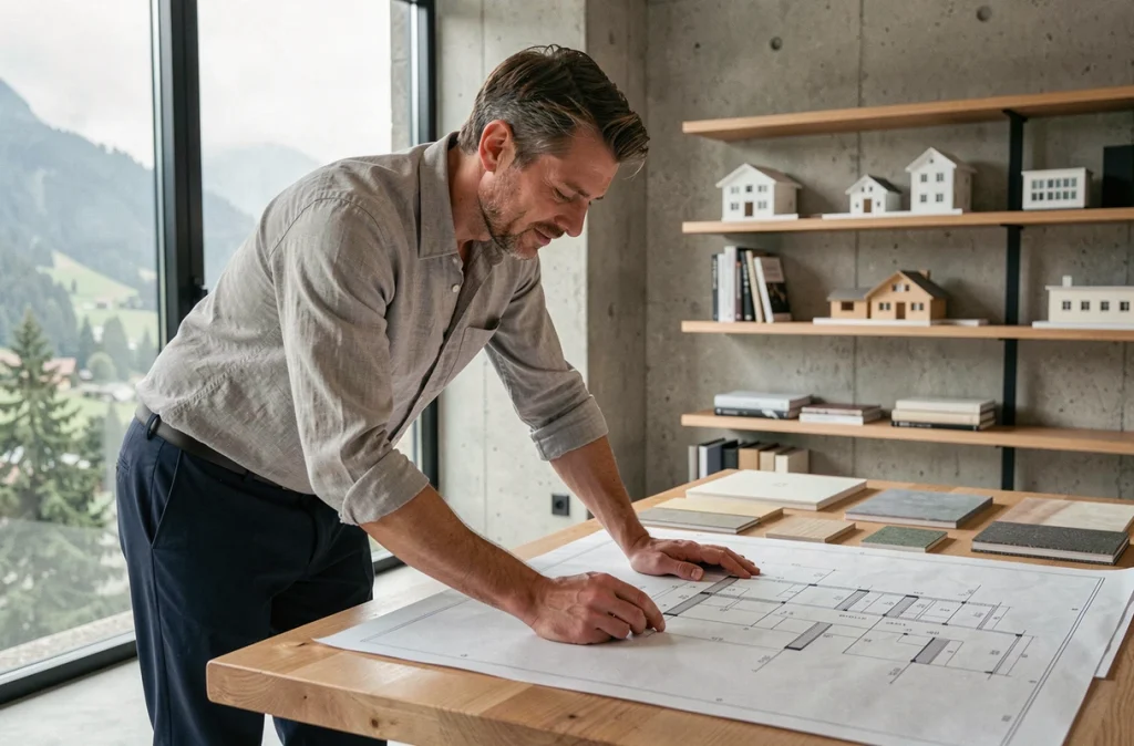 Architecte suisse romand étudiant des plans de construction dans un bureau moderne avec vue sur les collines vaudoises