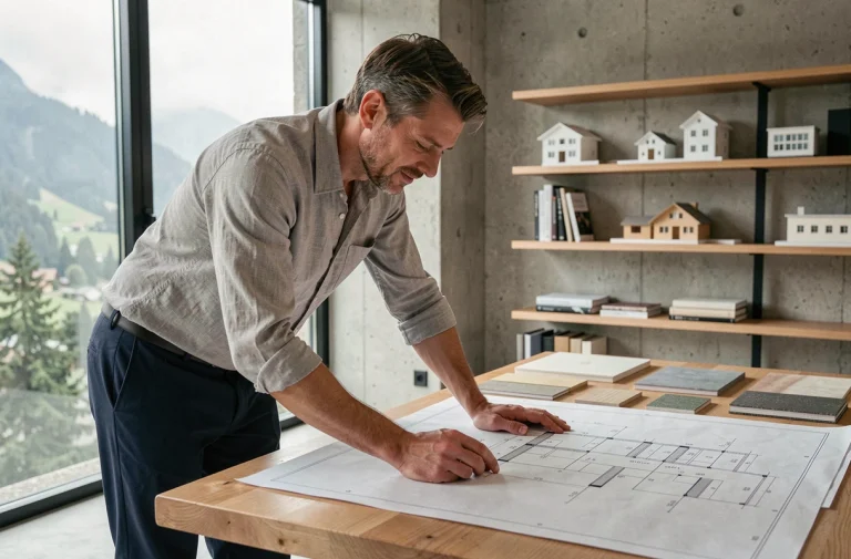 Architecte suisse romand étudiant des plans de construction dans un bureau moderne avec vue sur les collines vaudoises
